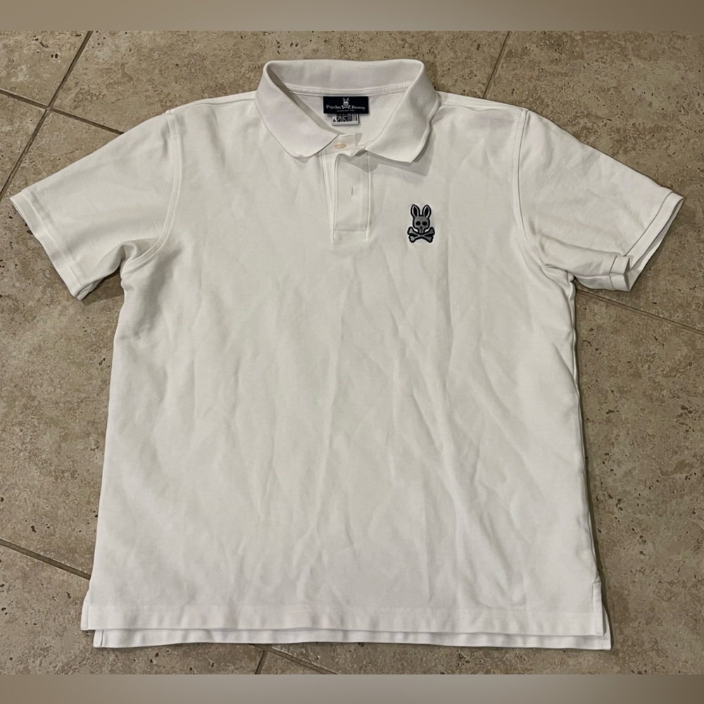 Psycho Bunny White 100% Pima Cotton Polo Shirt Silver LARGE LOGO 6 L